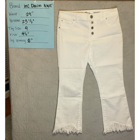 INC Jeans Women's Size 4, White Regular Fit Angled Tassel Hem Button Fly Stretch - Picture 5 of 5